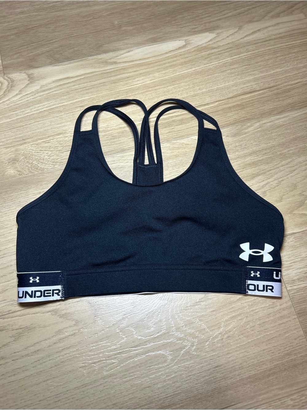 Under Armour Black Sports Bra with White Logo and Branded Band